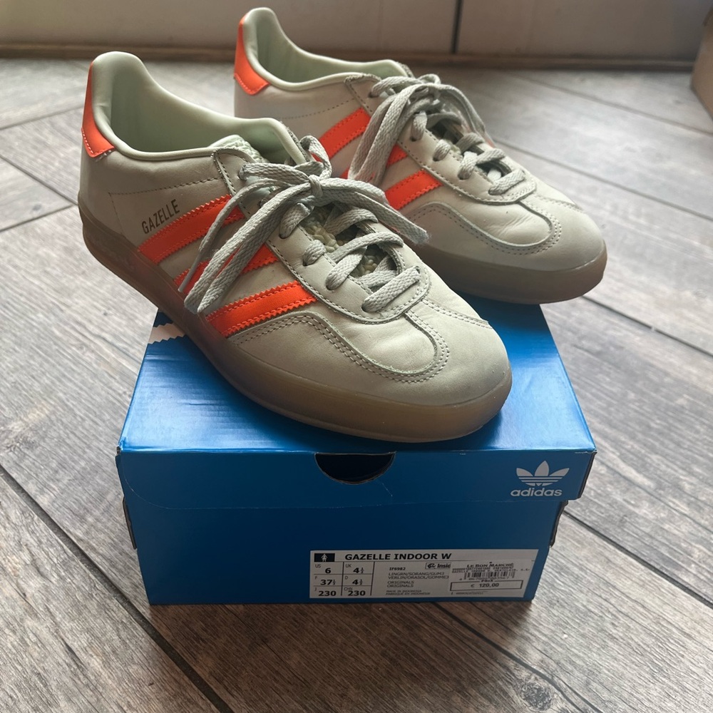 Adidas Gazelle Sneakers - Orange and mint green with gum sole.